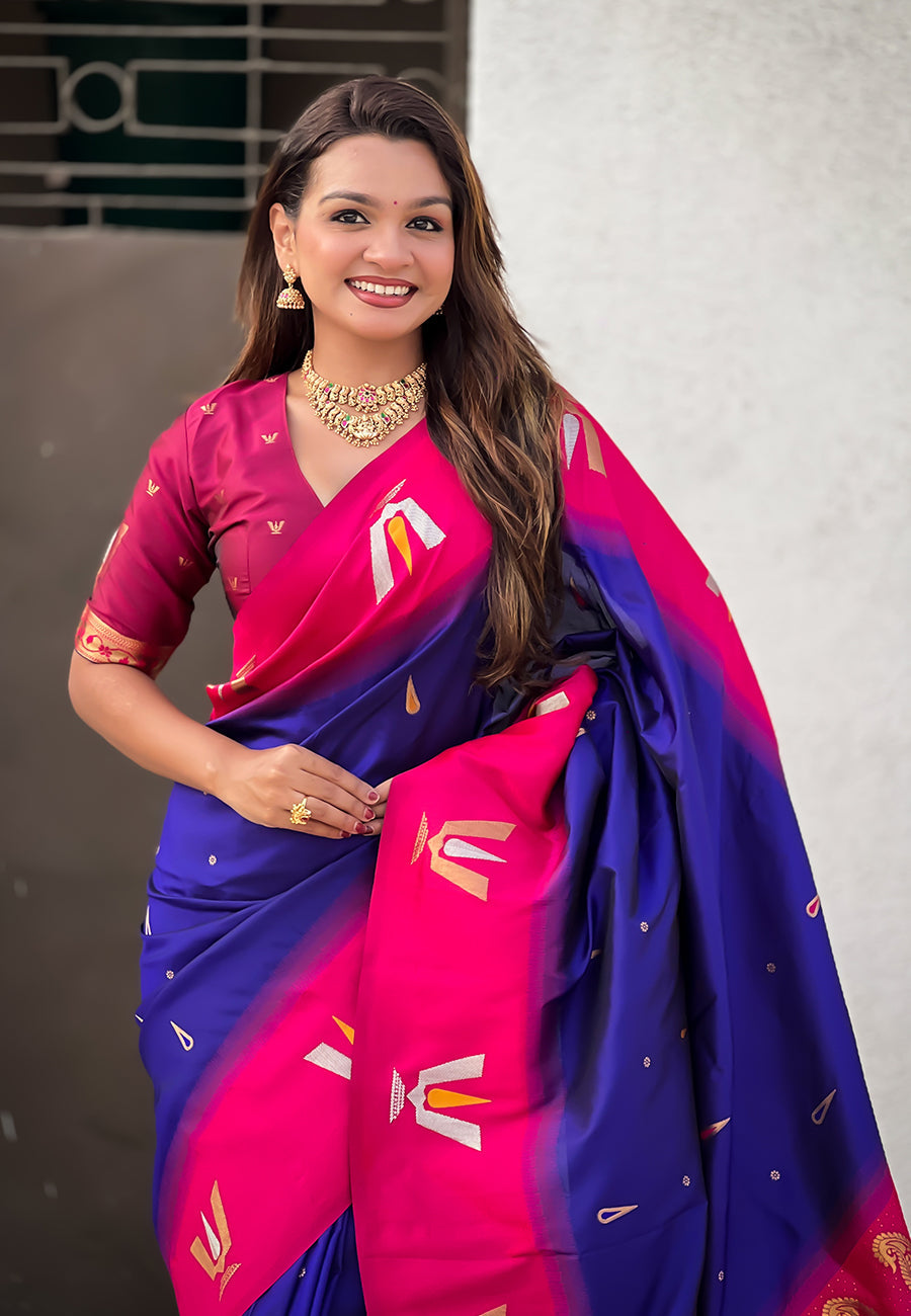 Violet South Traditional Tilak Contrast Soft Silk Zari Woven Saree