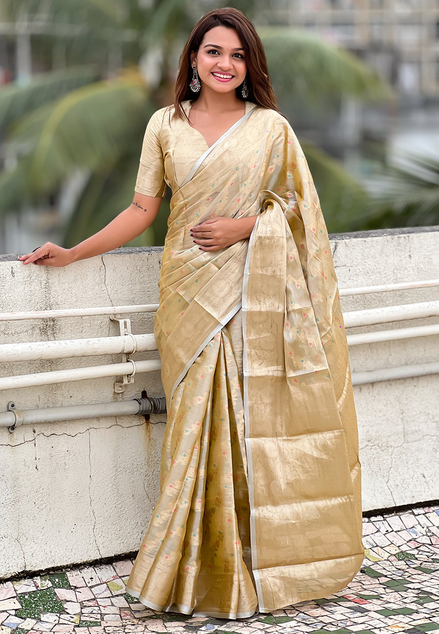 Ivory Cream Kanjivaram Soft Tissue Silk Leheriya Traditional Zari Woven Saree