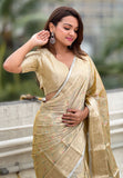 Ivory Cream Kanjivaram Soft Tissue Silk Leheriya Traditional Zari Woven Saree