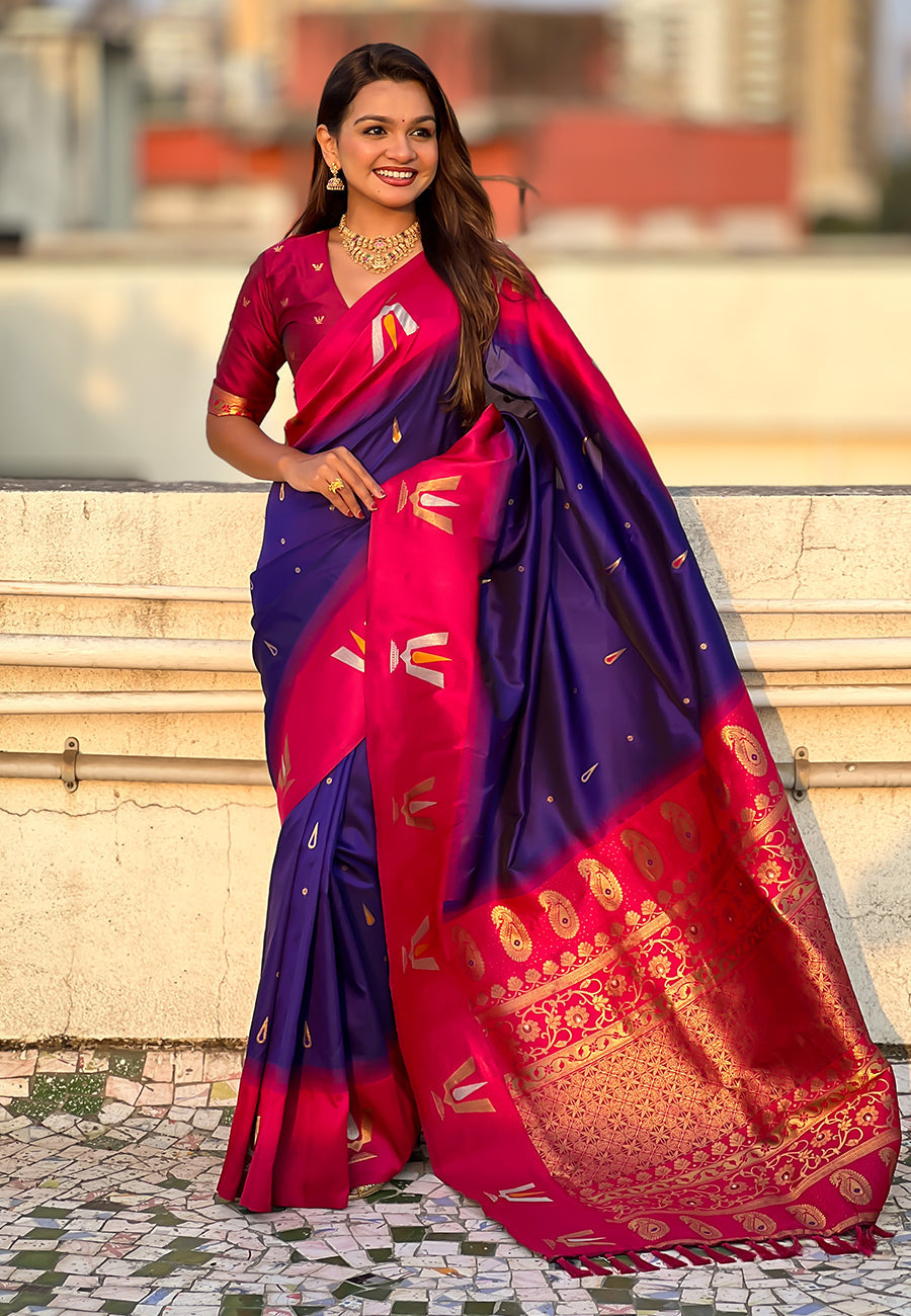 Violet South Traditional Tilak Contrast Soft Silk Zari Woven Saree