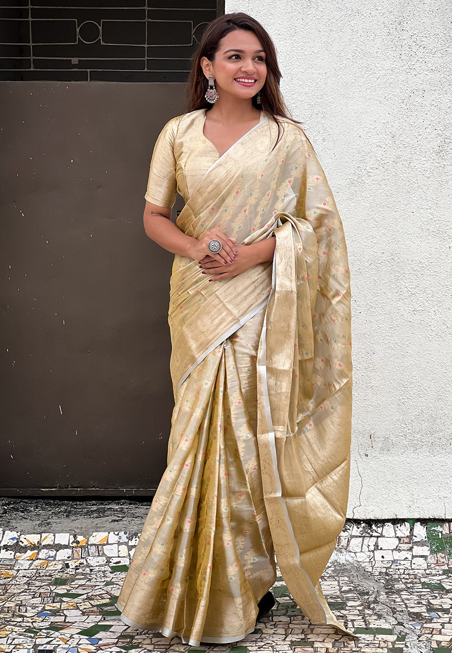 Ivory Cream Kanjivaram Soft Tissue Silk Leheriya Traditional Zari Woven Saree