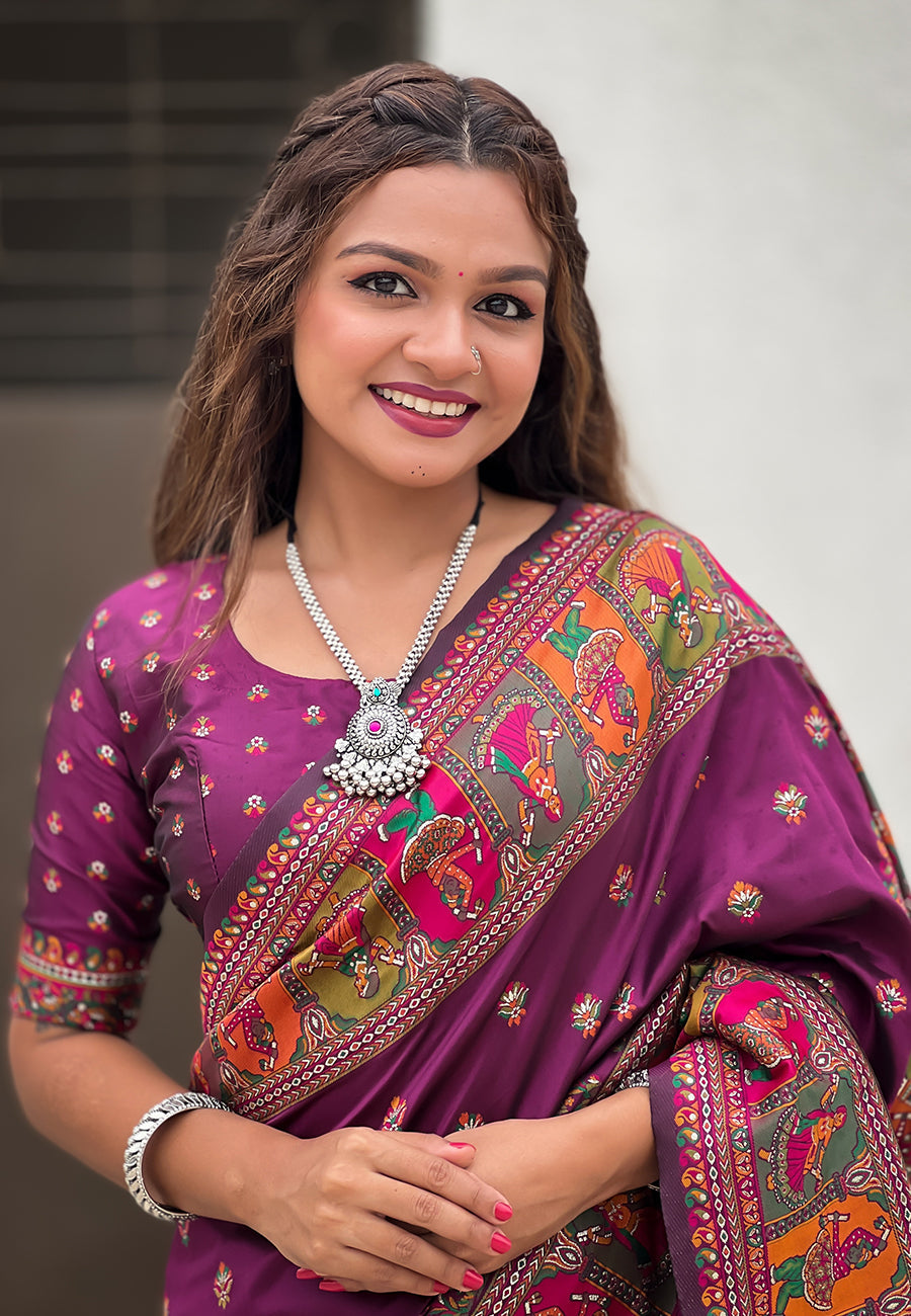 Wine Pashmina Kashmiri Silk Zari Woven Saree