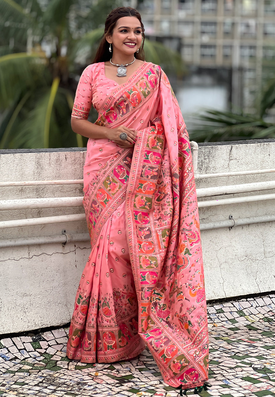 Pink Pashmina Kashmiri Silk Zari Woven Saree