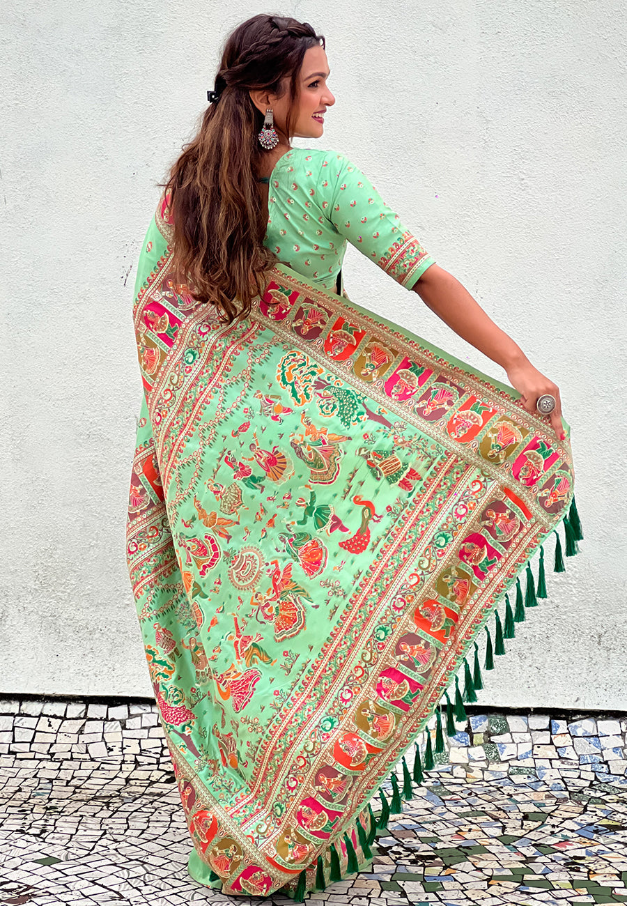 Pista Pashmina Kashmiri Silk Zari Woven Saree
