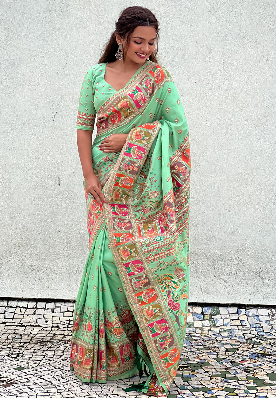 Pista Pashmina Kashmiri Silk Zari Woven Saree