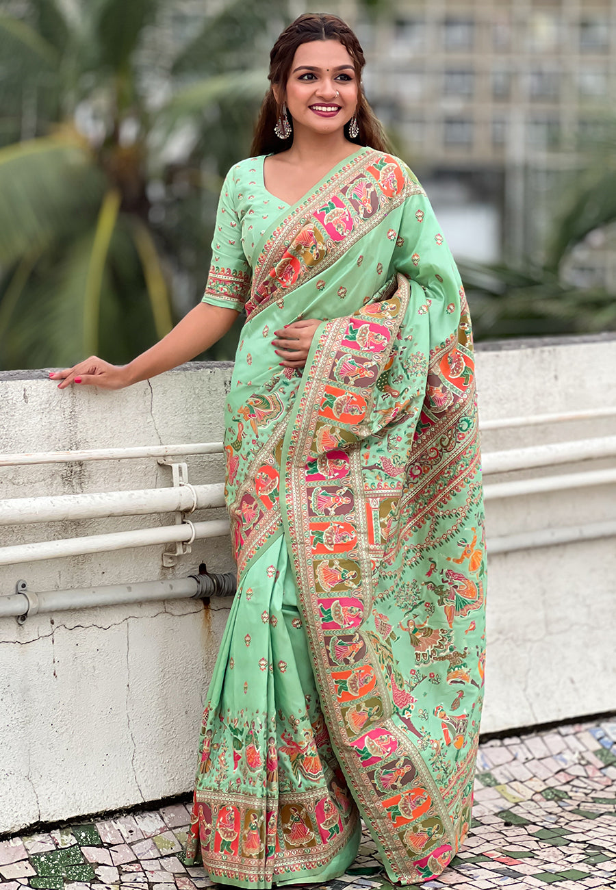 Pista Pashmina Kashmiri Silk Zari Woven Saree