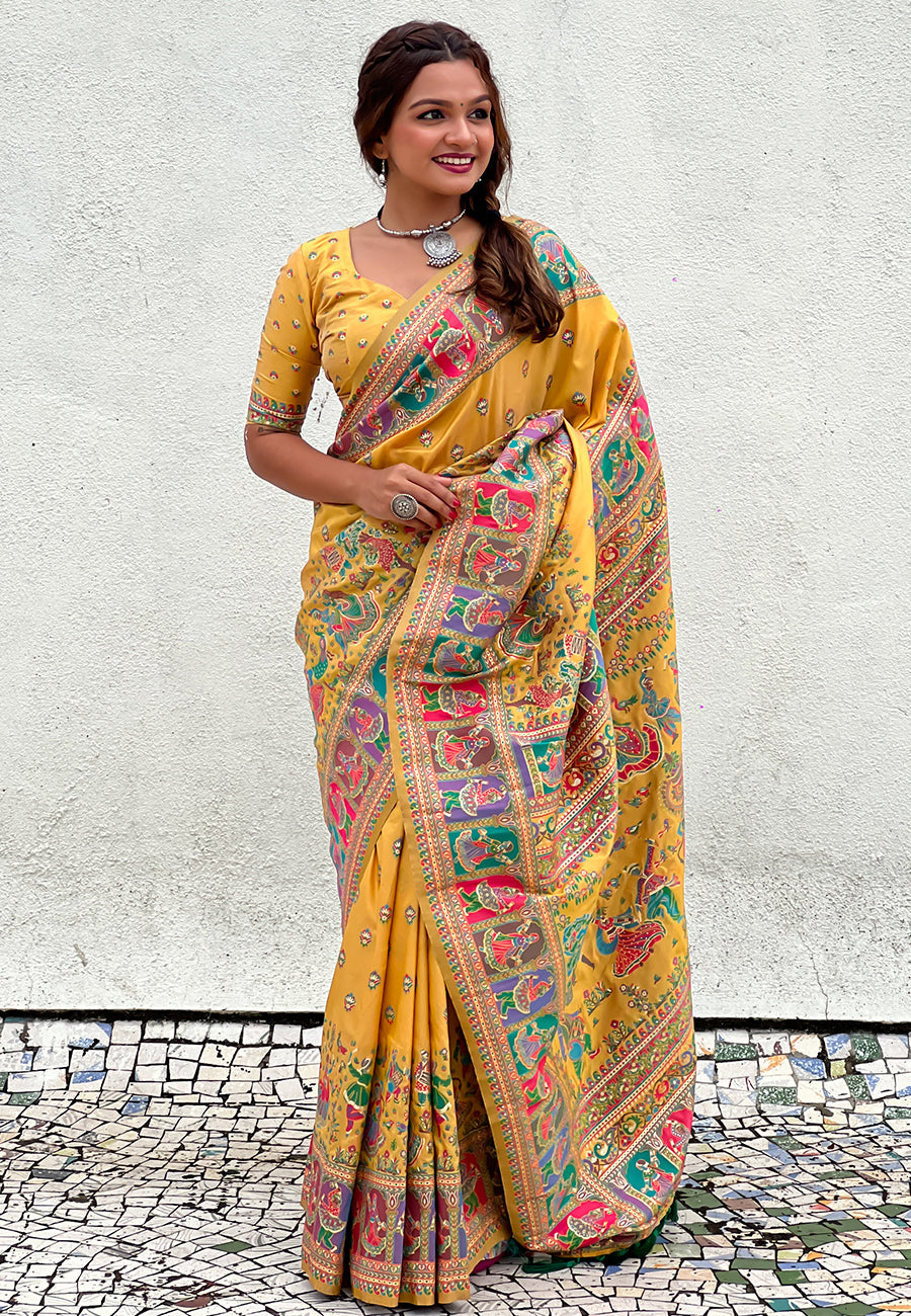 Yellow Pashmina Kashmiri Silk Zari Woven Saree