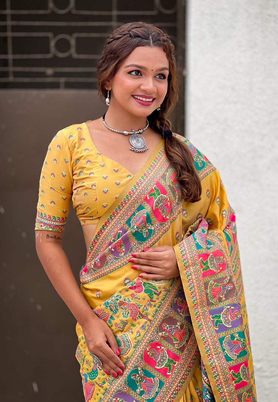 Yellow Pashmina Kashmiri Silk Zari Woven Saree