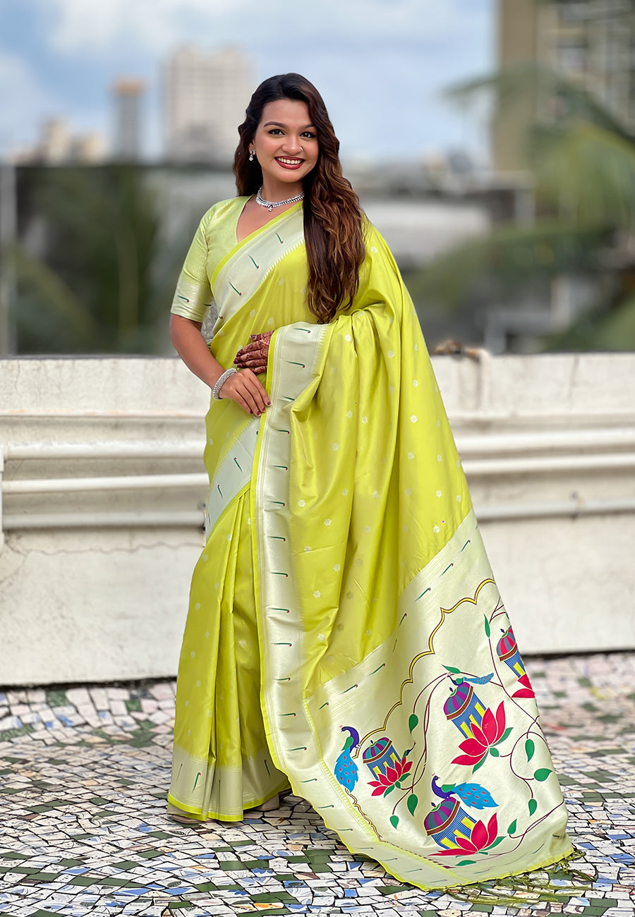 Green Zari Woven Peacock Lotus Paithani Silk Saree