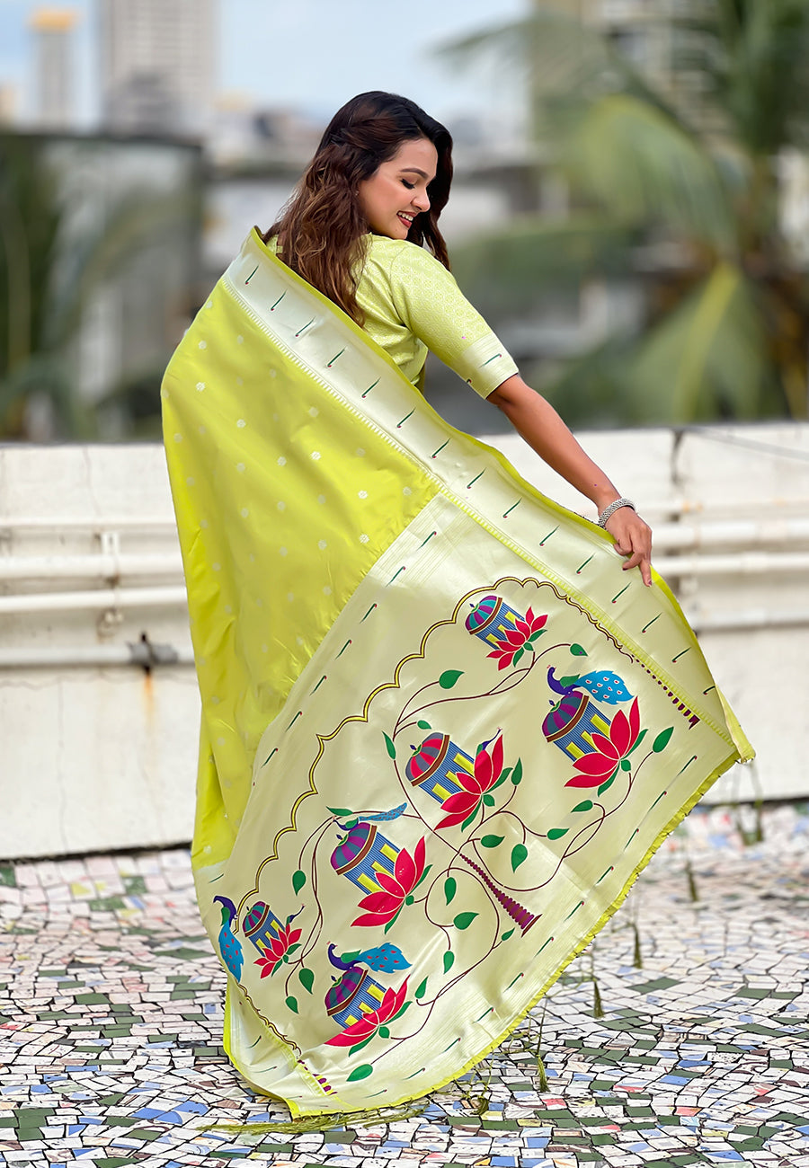 Green Zari Woven Peacock Lotus Paithani Silk Saree