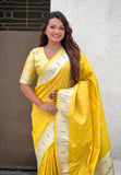 Yellow Pastel Zari Woven Peacock Lotus Paithani Silk Saree
