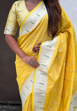 Yellow Pastel Zari Woven Peacock Lotus Paithani Silk Saree
