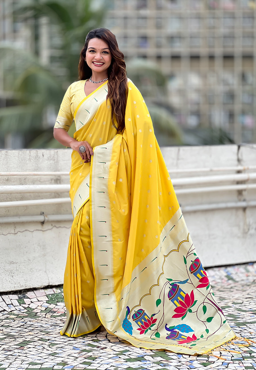Yellow Pastel Zari Woven Peacock Lotus Paithani Silk Saree