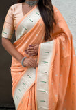 Peach Pastel Zari Woven Peacock Lotus Paithani Silk Saree
