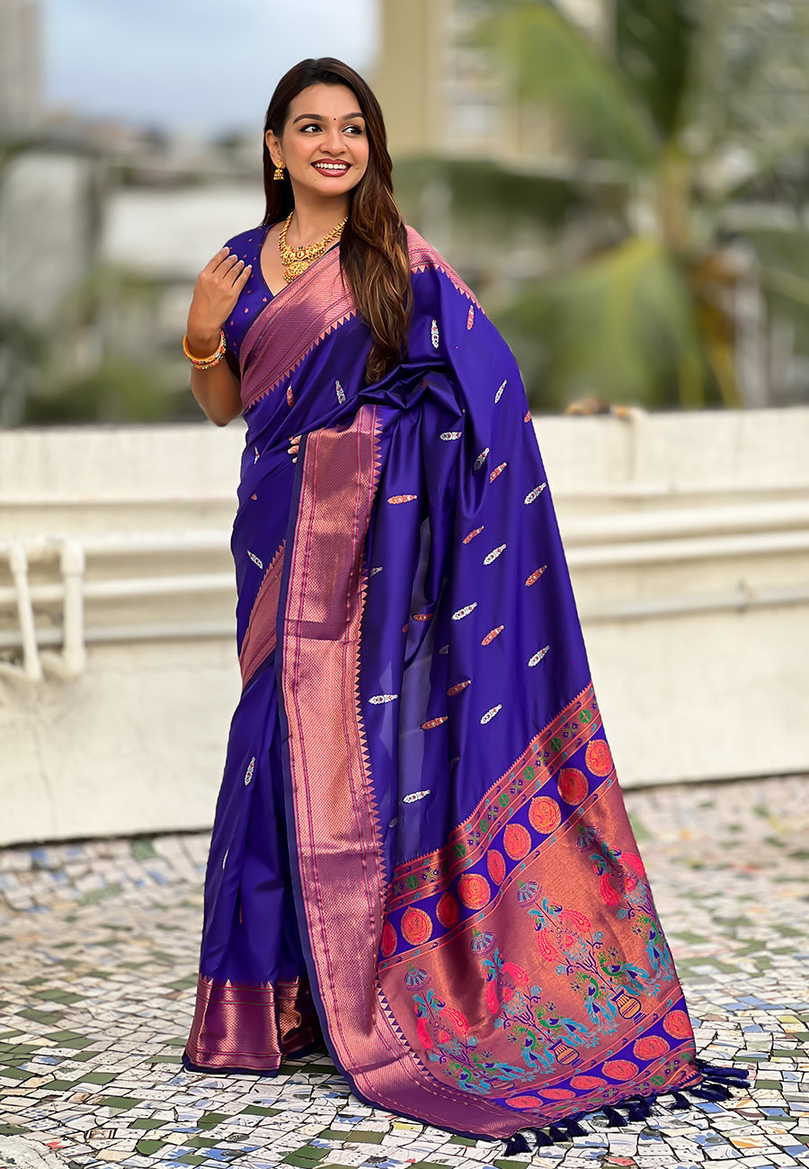 Violet Dual Zari Woven Yeola Traditional Paithani Silk Saree