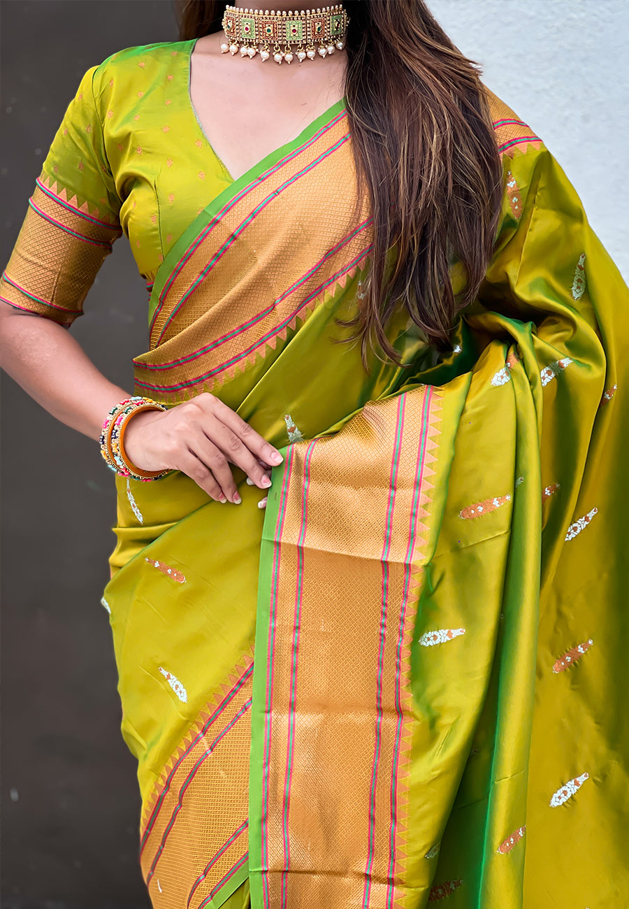 Mehendi Green Dual Zari Woven Yeola Traditional Paithani Silk Saree