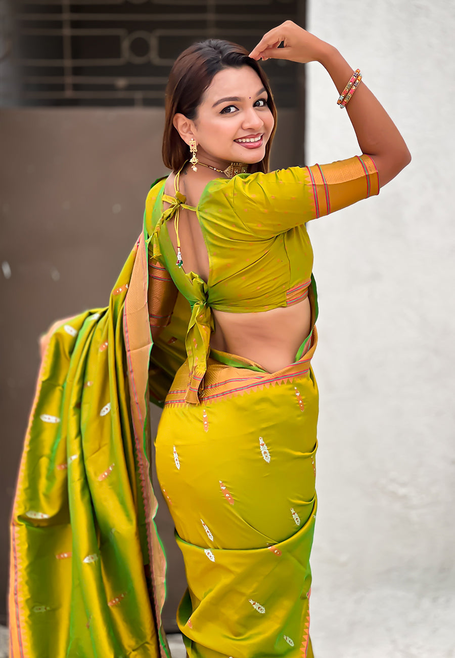 Mehendi Green Dual Zari Woven Yeola Traditional Paithani Silk Saree