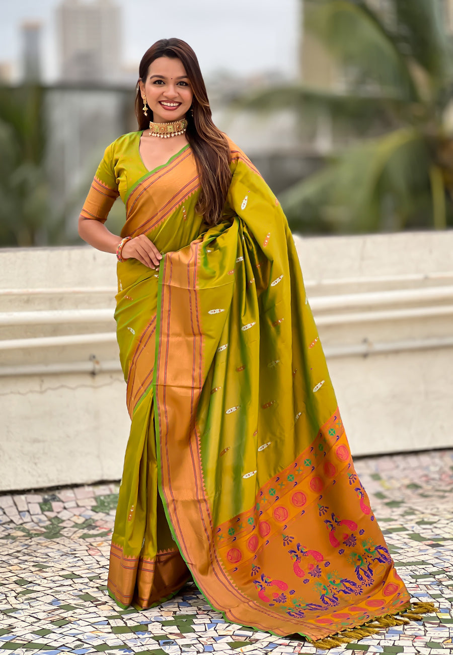 Mehendi Green Dual Zari Woven Yeola Traditional Paithani Silk Saree