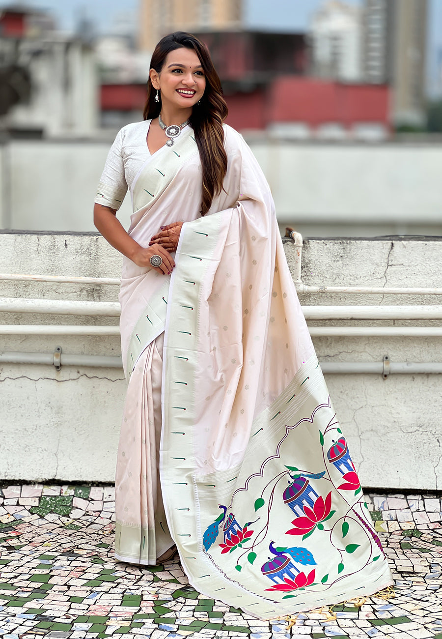 Pearl White Pastel Zari Woven Peacock Lotus Paithani Silk Saree