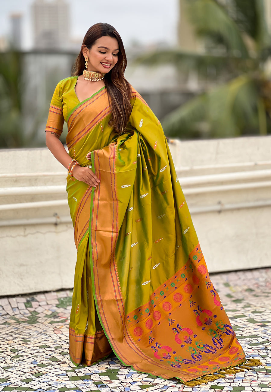 Mehendi Green Dual Zari Woven Yeola Traditional Paithani Silk Saree