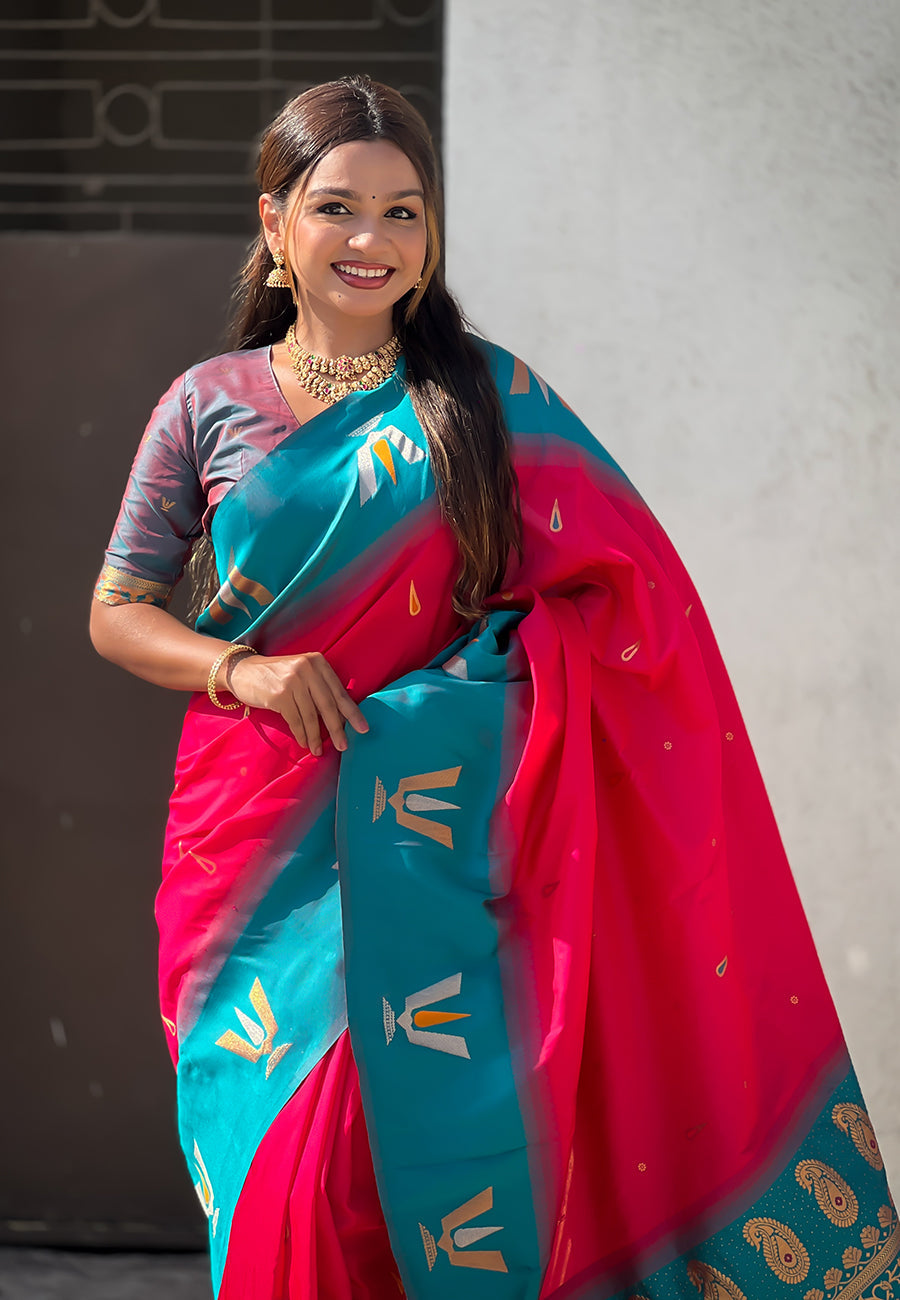 Pink South Traditional Tilak Contrast Soft Silk Zari Woven Saree