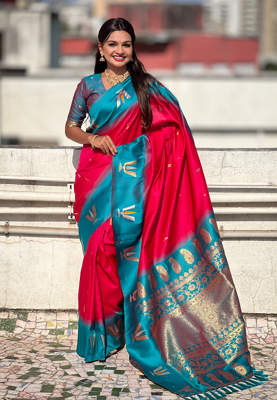 Pink South Traditional Tilak Contrast Soft Silk Zari Woven Saree