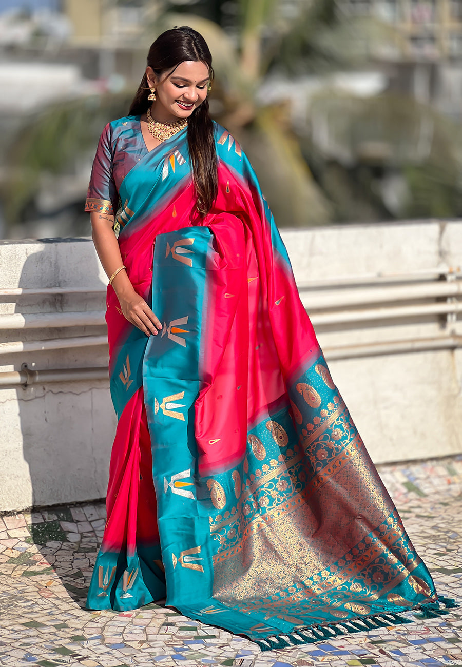 Pink South Traditional Tilak Contrast Soft Silk Zari Woven Saree