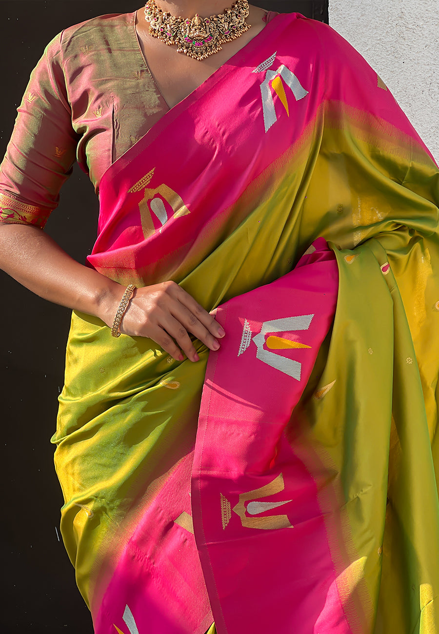 Mehendi Green South Traditional Tilak Contrast Soft Silk Zari Woven Saree