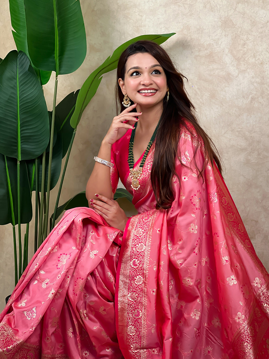 Baby Pink Banarasi Jaal Zari Woven Silk Saree