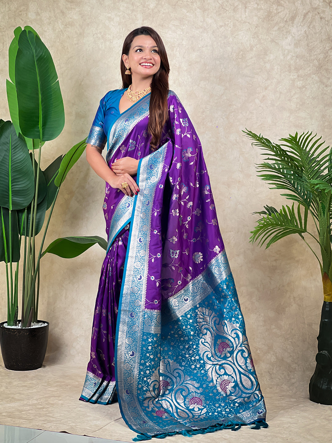Purple Banarasi Jaal Zari Woven Silk Saree