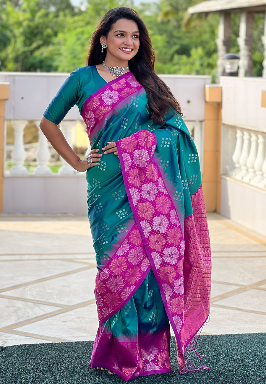 Green with Pink Soft Silk Floral Border Contrast Zari Woven Saree