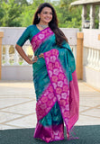 Green with Pink Soft Silk Floral Border Contrast Zari Woven Saree