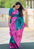 Green with Pink Soft Silk Floral Border Contrast Zari Woven Saree