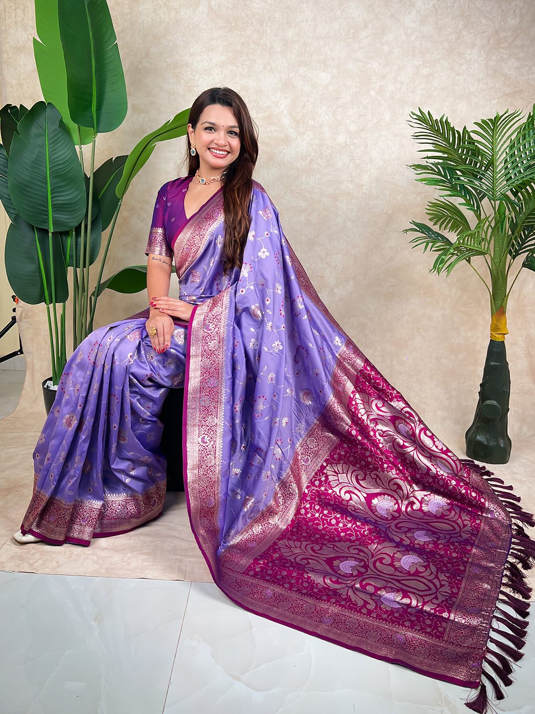 Lavender Banarasi Jaal Zari Woven Silk Saree