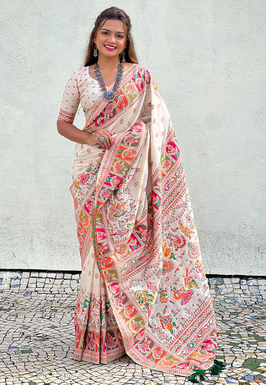 Cream Pashmina Kashmiri Silk Zari Woven Saree