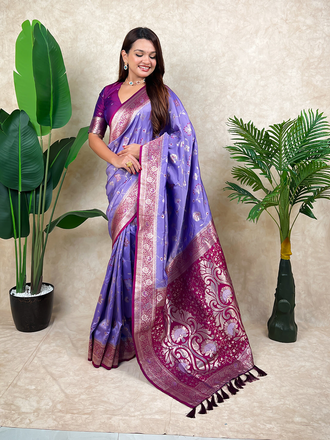 Lavender Banarasi Jaal Zari Woven Silk Saree