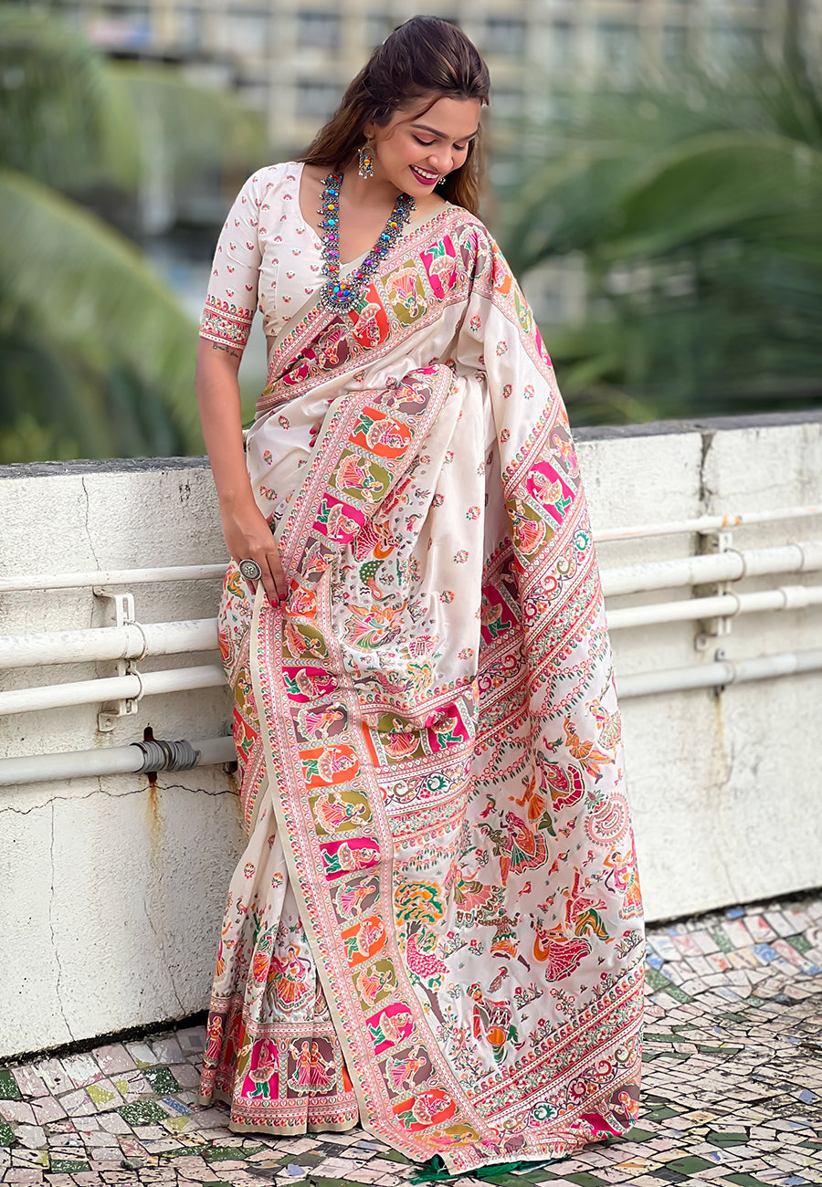 Cream Pashmina Kashmiri Silk Zari Woven Saree