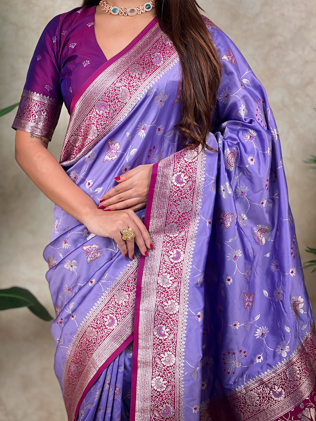 Lavender Banarasi Jaal Zari Woven Silk Saree