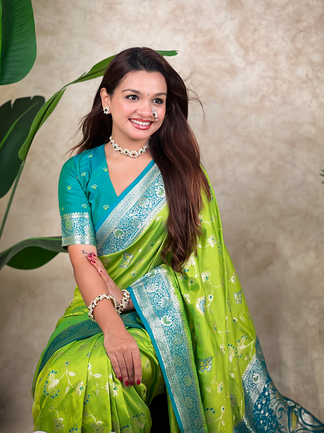 Pista Green Banarasi Jaal Zari Woven Silk Saree