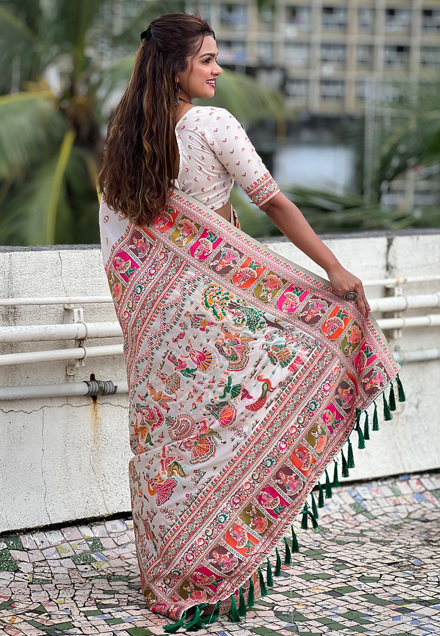 Cream Pashmina Kashmiri Silk Zari Woven Saree