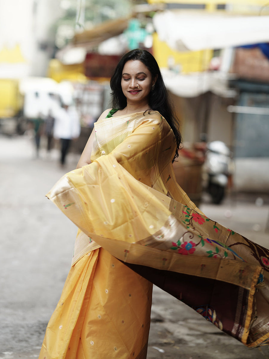 Prianca in our Yellow Organza Paithani Zari Woven Saree
