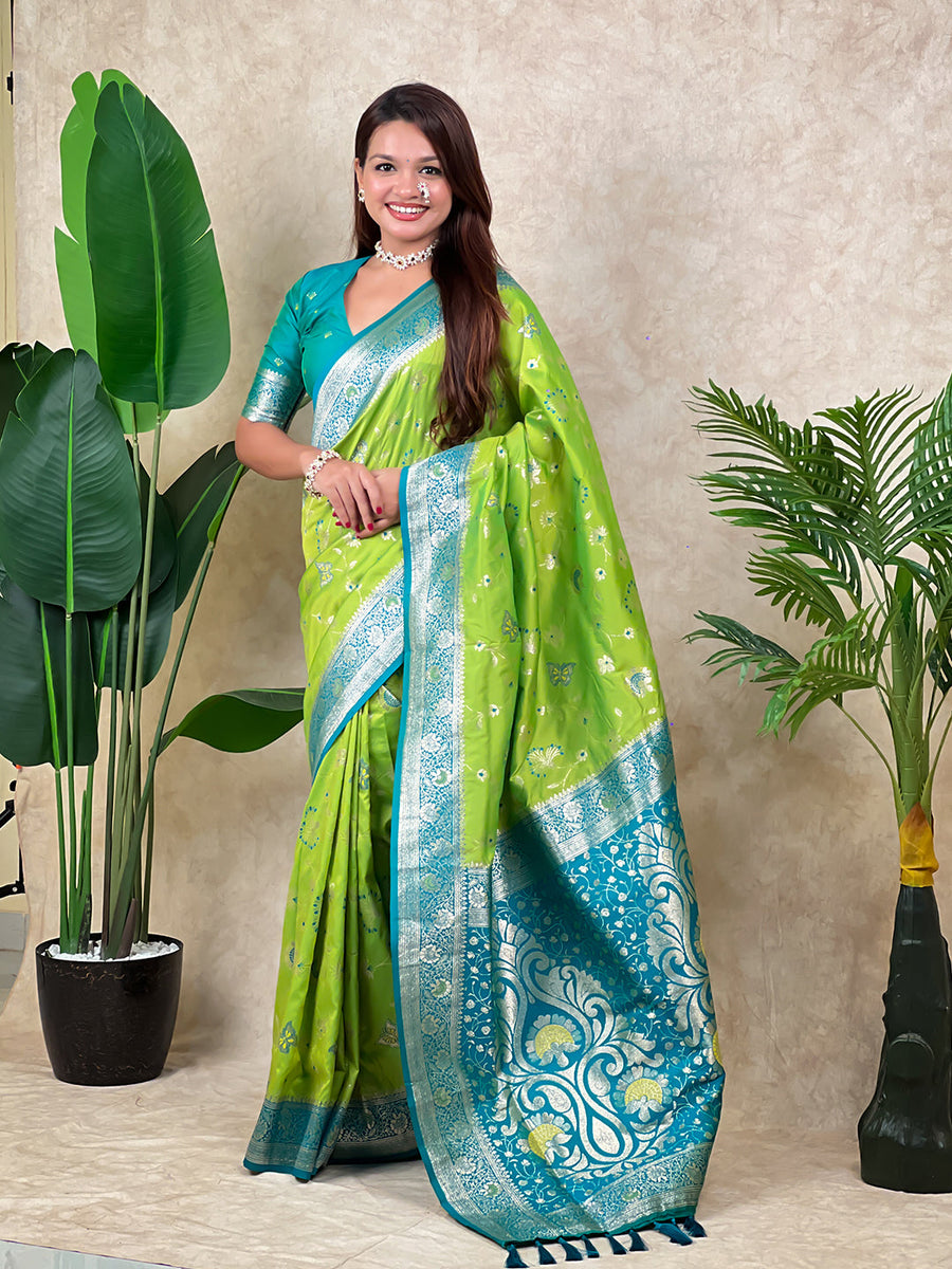 Pista Green Banarasi Jaal Zari Woven Silk Saree