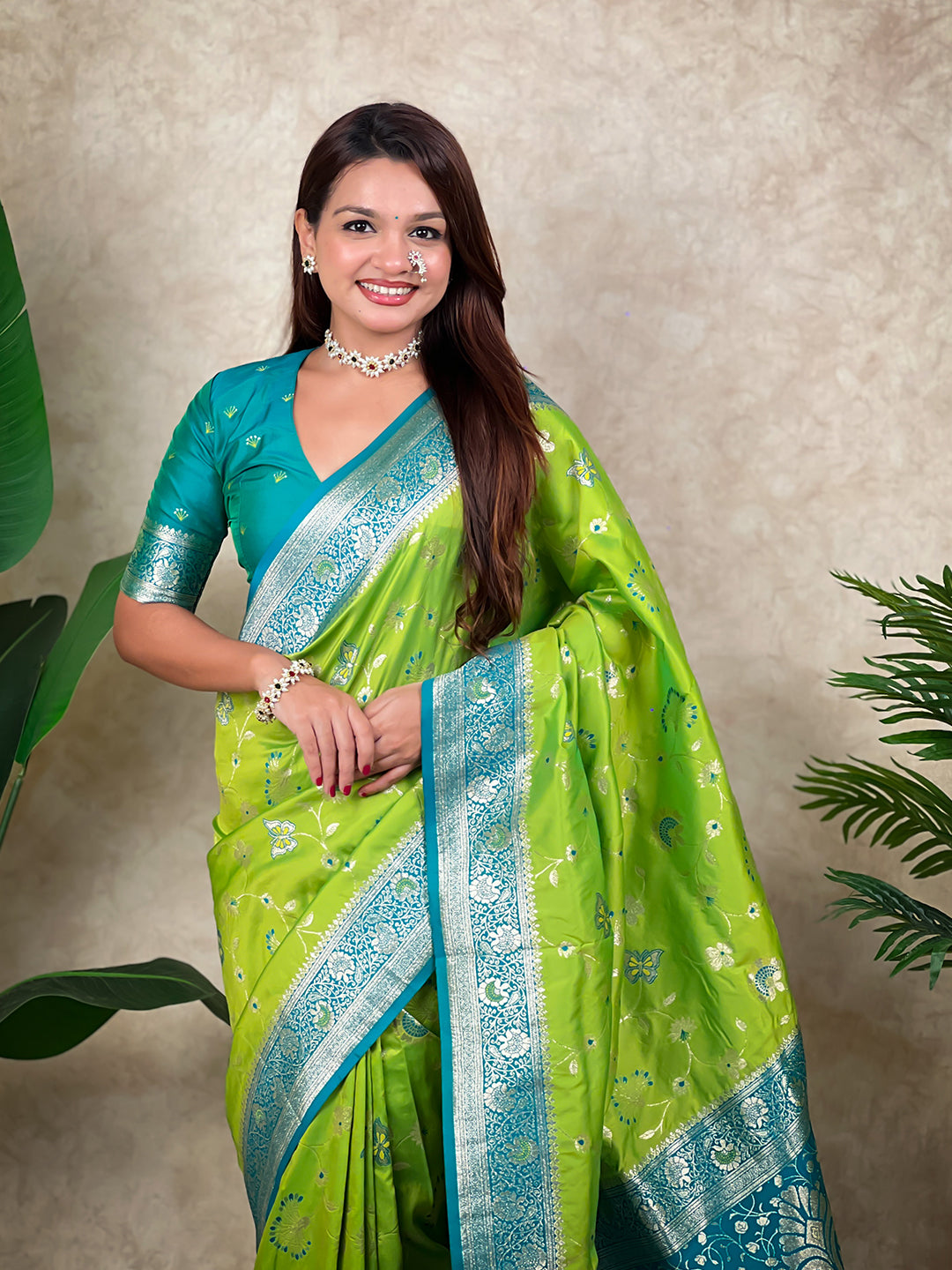 Pista Green Banarasi Jaal Zari Woven Silk Saree