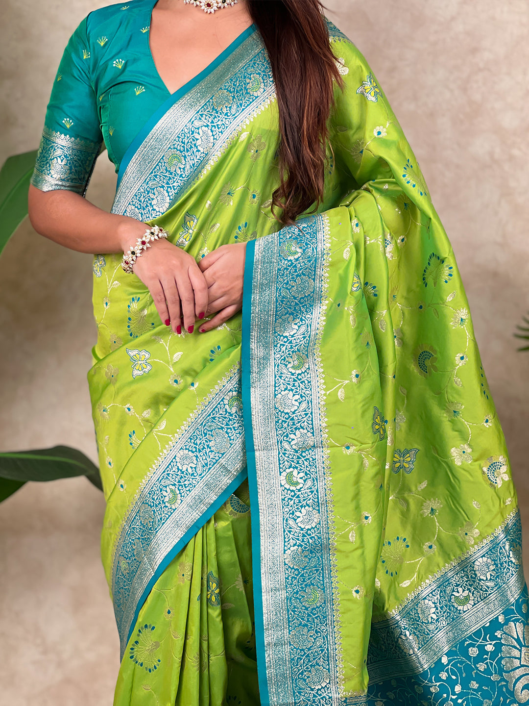 Pista Green Banarasi Jaal Zari Woven Silk Saree