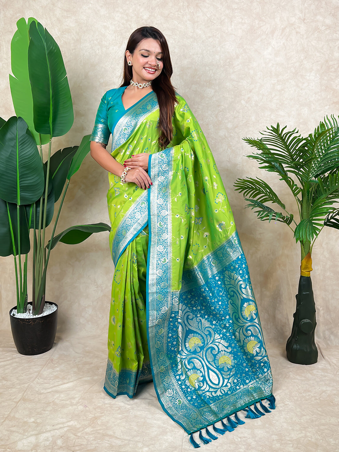 Pista Green Banarasi Jaal Zari Woven Silk Saree