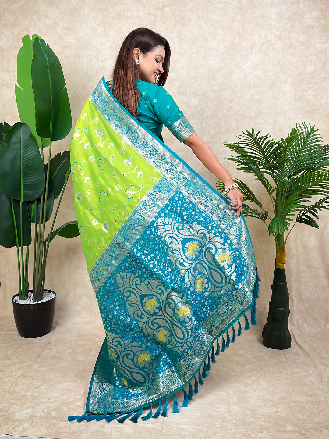 Pista Green Banarasi Jaal Zari Woven Silk Saree