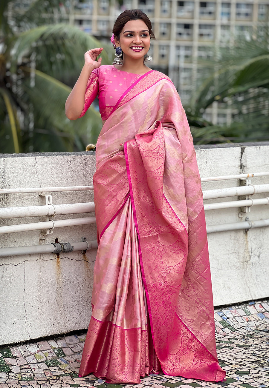 Baby Pink Kanjivaram Soft Tissue Silk Leheriya Traditional Zari Woven Saree