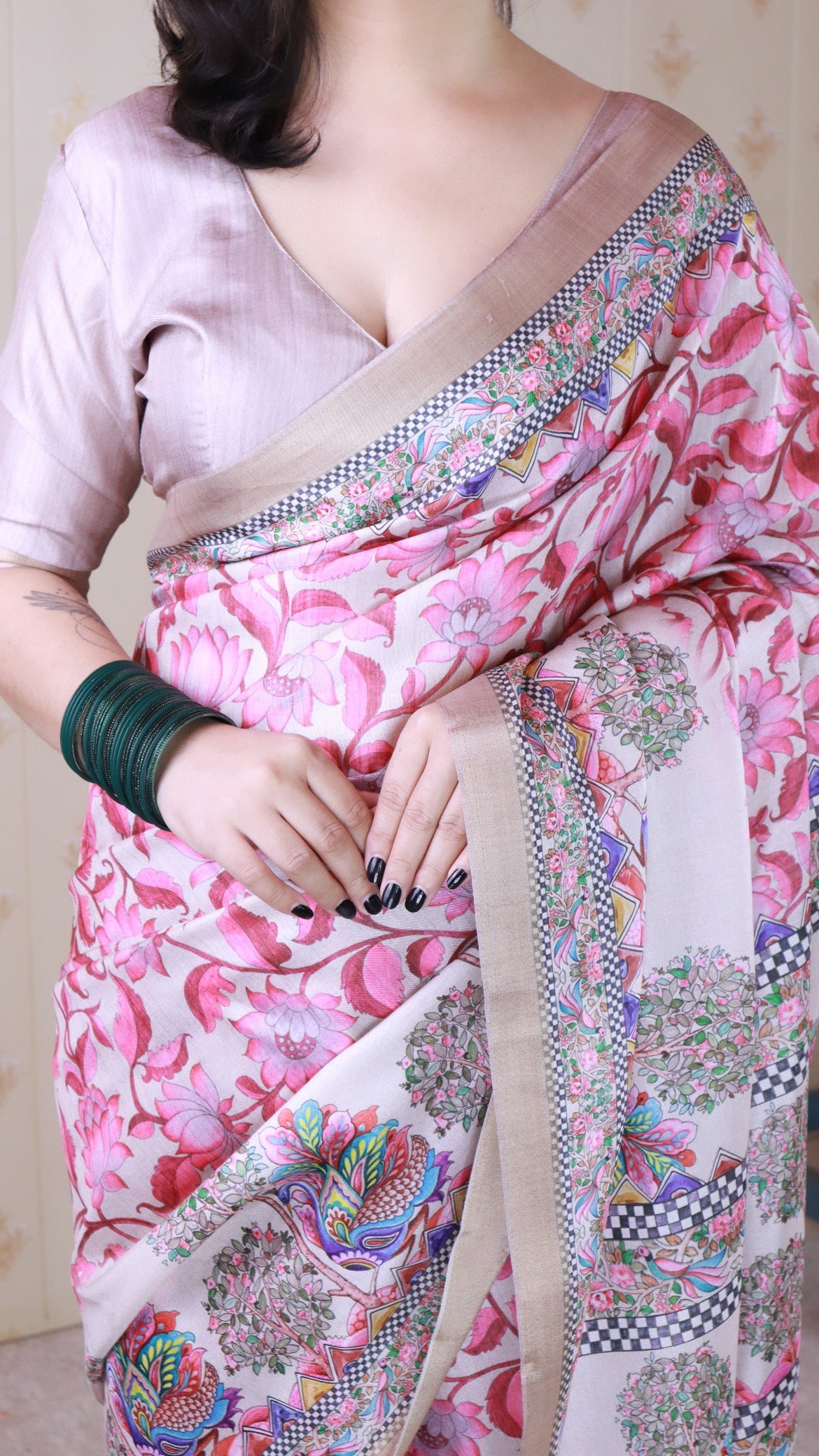 Cream Tussar Silk Floral Madhubani Fusion Printed Saree with Zari Woven Border