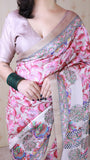 Cream Tussar Silk Floral Madhubani Fusion Printed Saree with Zari Woven Border