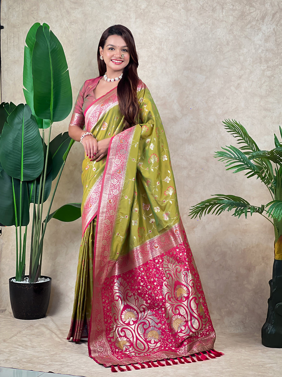 Mehendi Green Banarasi Jaal Zari Woven Silk Saree